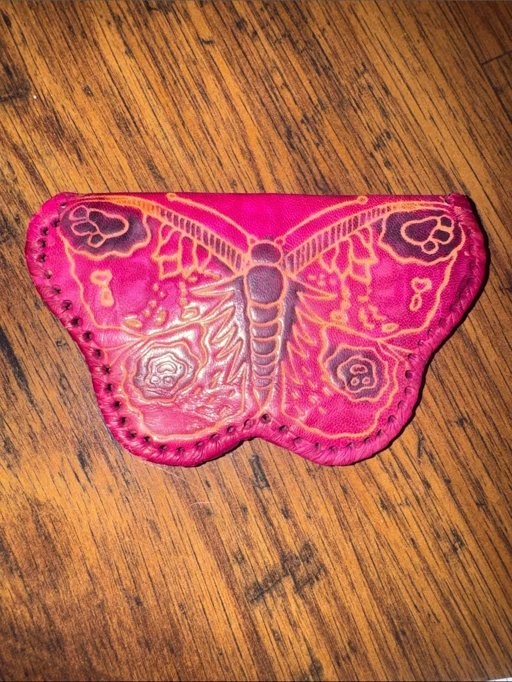 Handcrafted Pink Butterfly Leather Coin Pouch C1.Bk.R.2